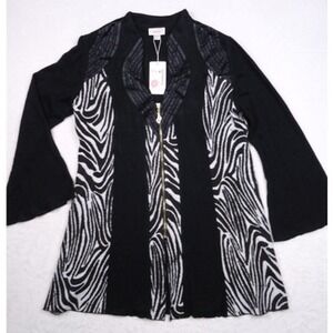 Kamana Womens Sweater Size Extra Large Black White Zebra Print Full Zip Cardigan